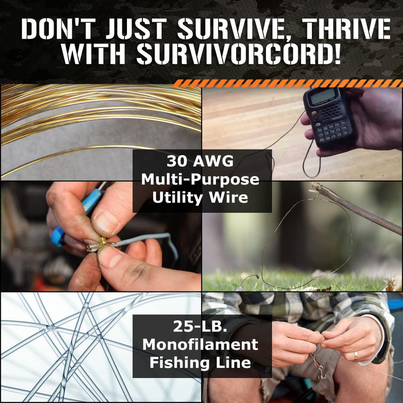 SurvivorCord حبل بارا كورد 550 من TITAN ببراءة اختراع - 25 قدم، 100 قدم، 500 قدم وخيارات الألوان - حبل بارا كورد بقوة 620 رطل بمواصفات عسكرية مع 3 خيوط - حبل ثقيل للاستخدام في التخييم والأنشطة الخارجية مع جهاز إشعال النار - Image 5